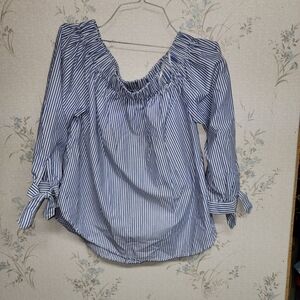 Women's Style House Pinstripe Elastic Neck Blouse NWOT Size M Blue White